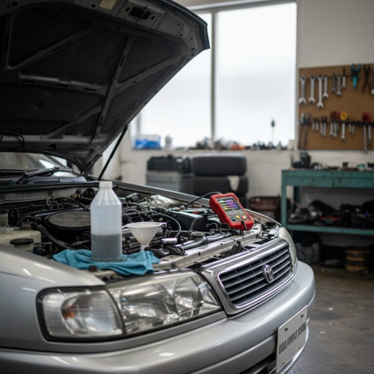 Un coche gris con el capó abierto está aparcado en el taller, con herramientas colgadas en la pared de fondo.