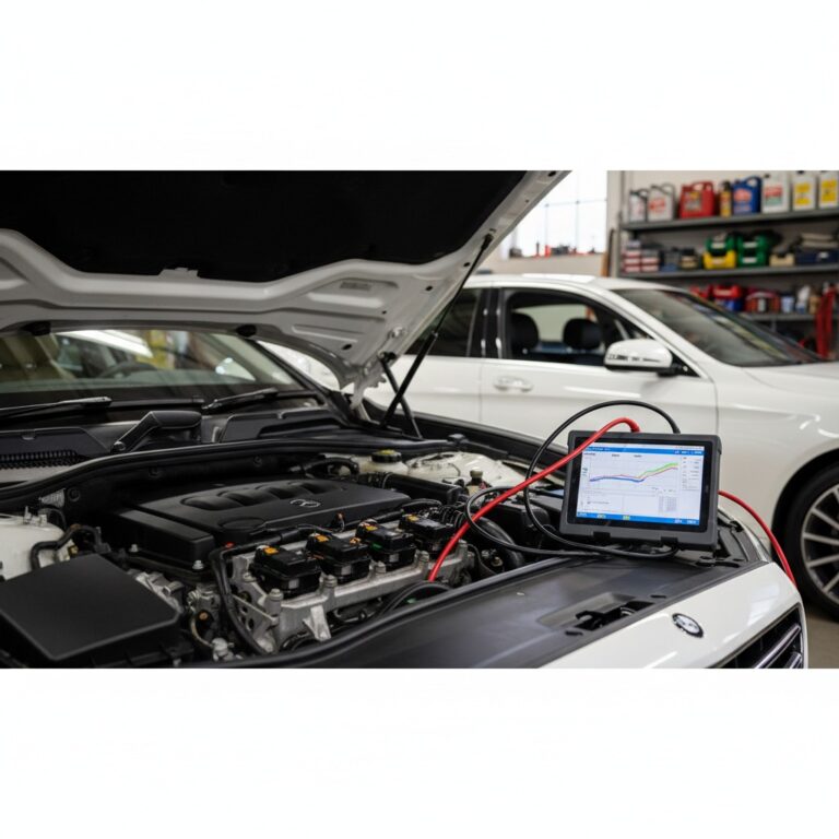Un ordenador portátil de diagnóstico con gráficos en pantalla está conectado al motor abierto de un coche blanco en un taller mecánico.