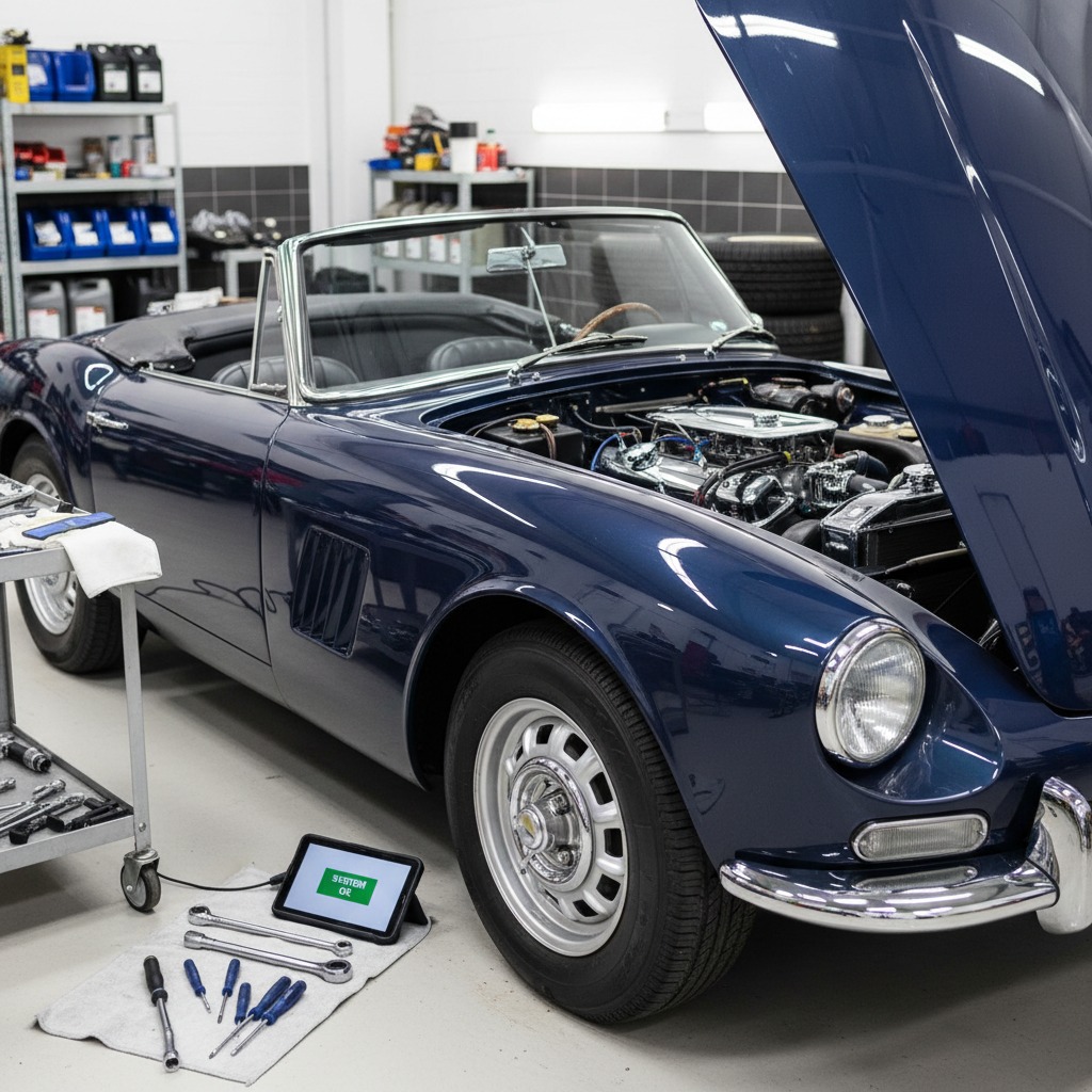 Un coche clásico de color azul oscuro con el capó abierto está en un taller mecánico, con varias herramientas y una tableta en el suelo junto a él.